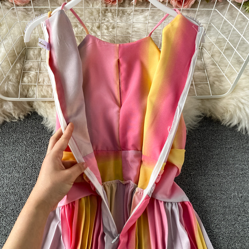 New sleeveless gradient rainbow neck suspender Pleated Dress  2728
