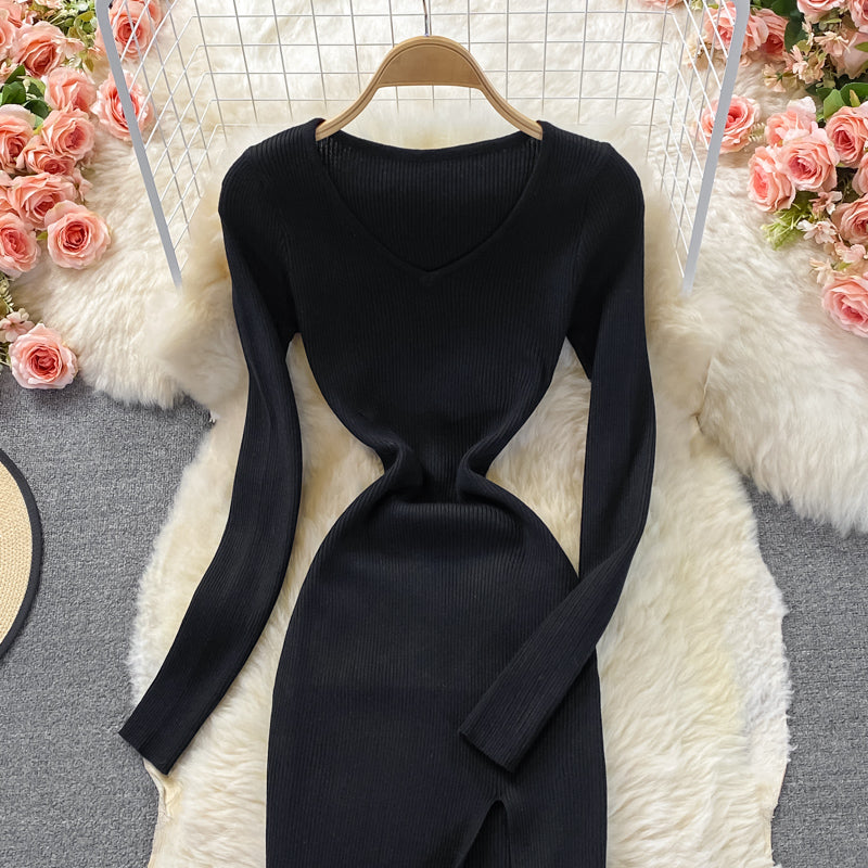 Tight elastic knitted skirt waist closing temperament split dress  2858