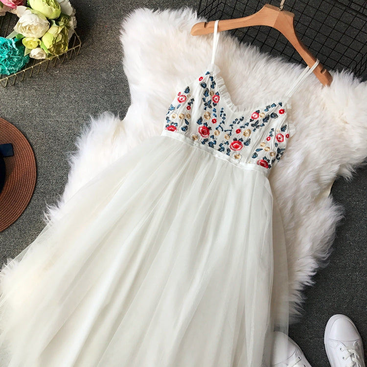 Embroidered Flower high waist thin mesh puffy dress  3397