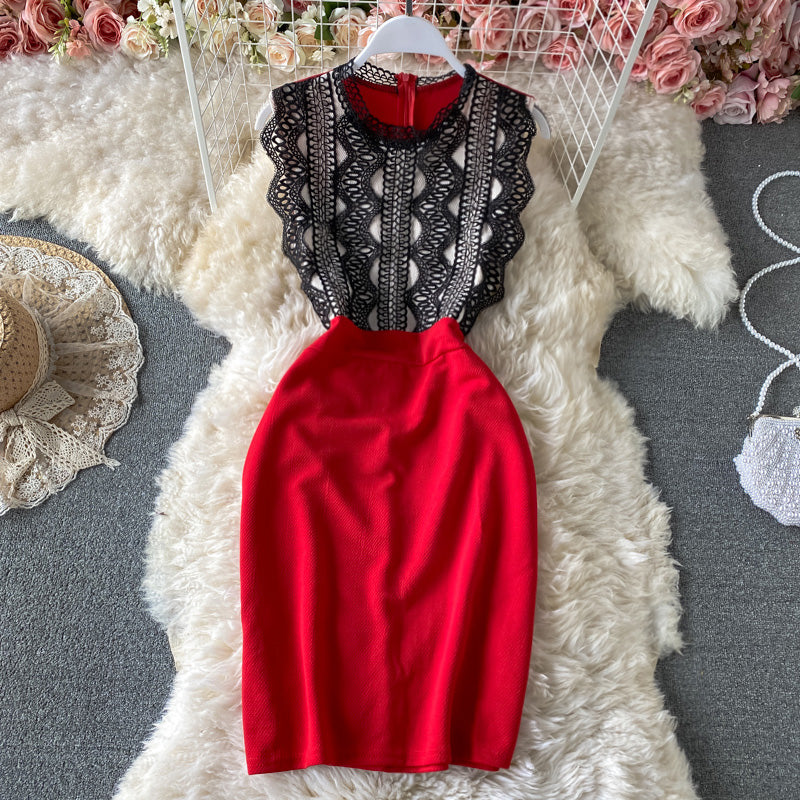 Lace Panel contrast slim wrap hip dress  2892