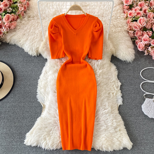 Temperament bubble sleeve slim V-neck wrap hip dress  2895