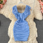 French sexy high waist thin pleated square neck wrap hip dress  2715