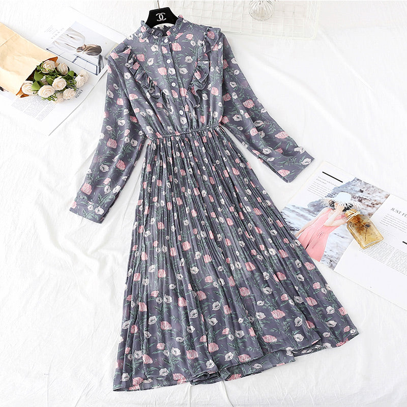 Chiffon dress women's new French Vintage Floral pleated skirt  2160