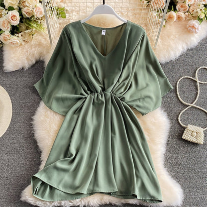 Versatile solid short skirt age reducing waist dress  3188
