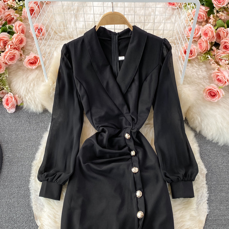 Suit collar waist slit dress elegant temperament Hip Wrap slit skirt  3233