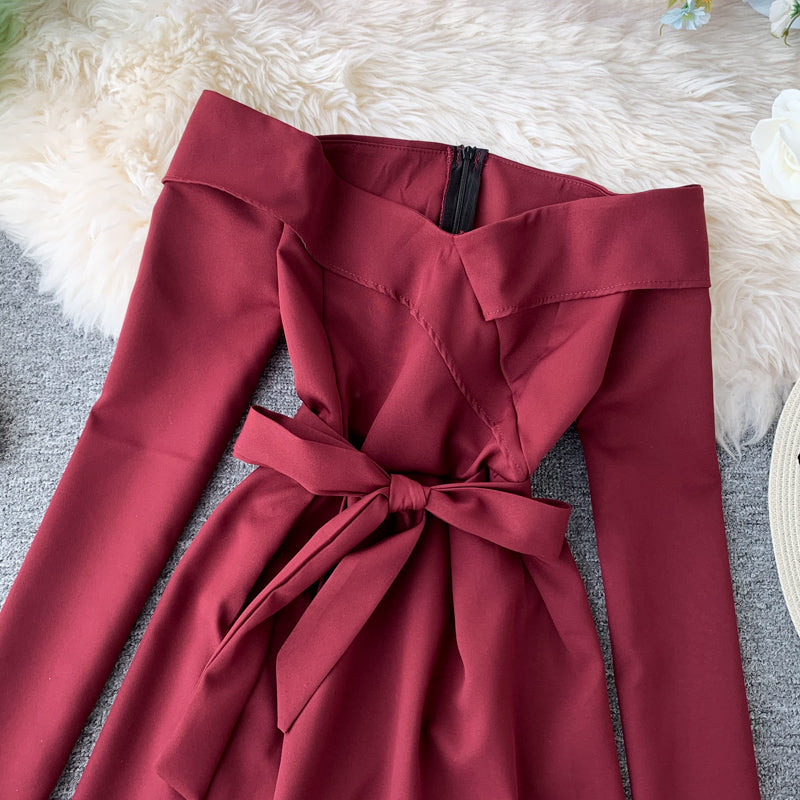 Sexy one line neck waist slim dress  2874