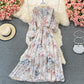 Long sleeve Vintage V-neck Floral Chiffon Dress  3322