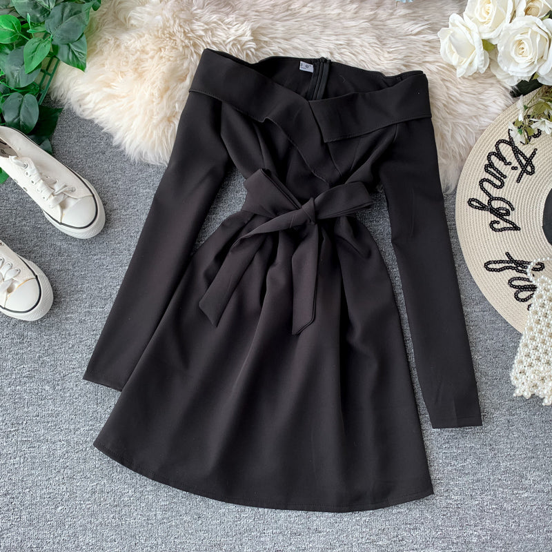 Sexy one line neck waist slim dress  2874
