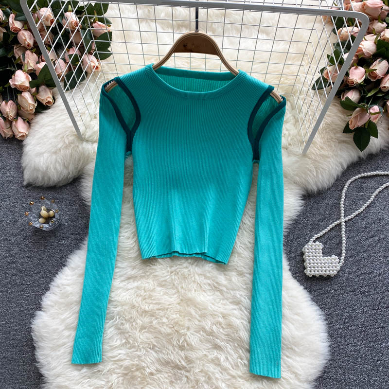 Strickbluse Damen Nischendesign ausgehöhlt farblich passend lange Ärmel 1588