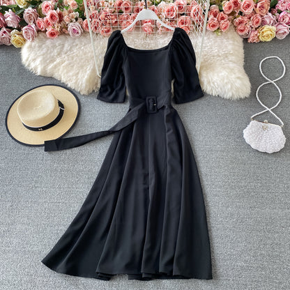 French square neck bubble sleeve lace up waist slim backless dress  3170