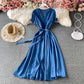 French Retro Red V-neck bubble sleeve dress  3184
