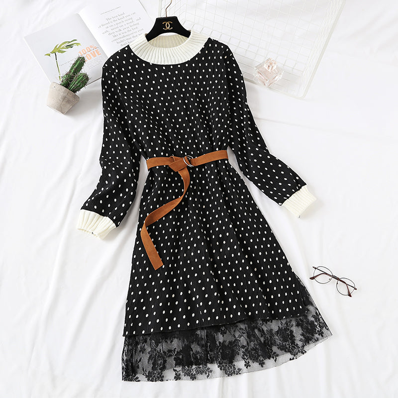 Polka Dot Plaid floral long skirt with lace bottom skirt is thin and tall  2460