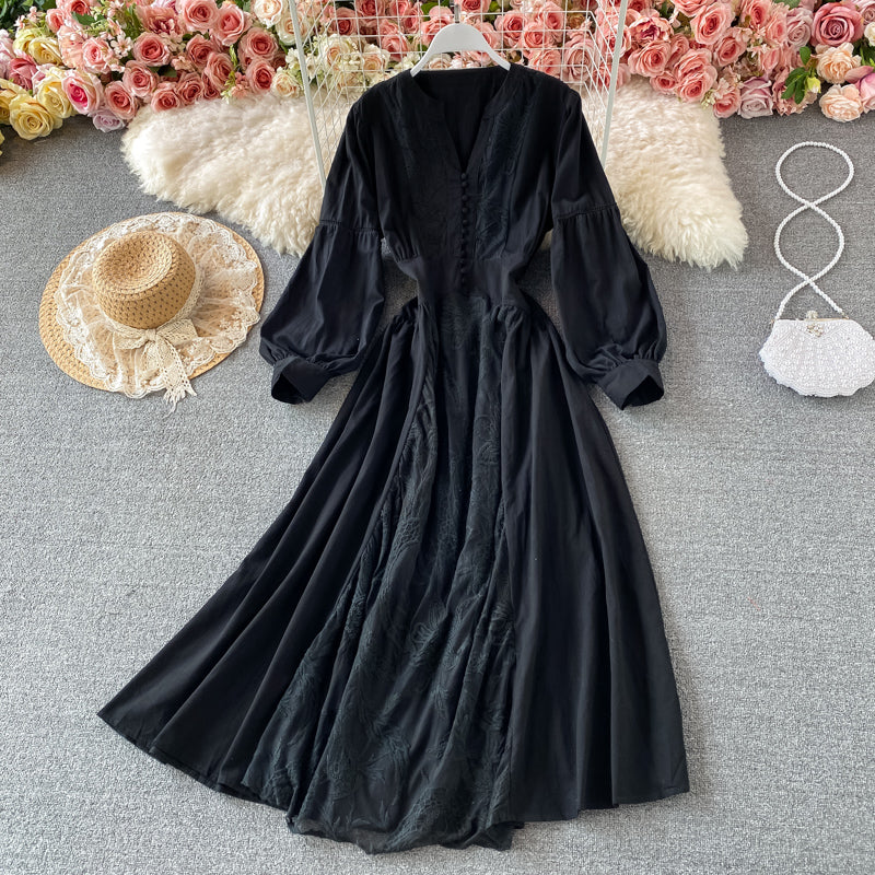 Gentle wind closing waist Lantern Sleeve V-neck dress  3183