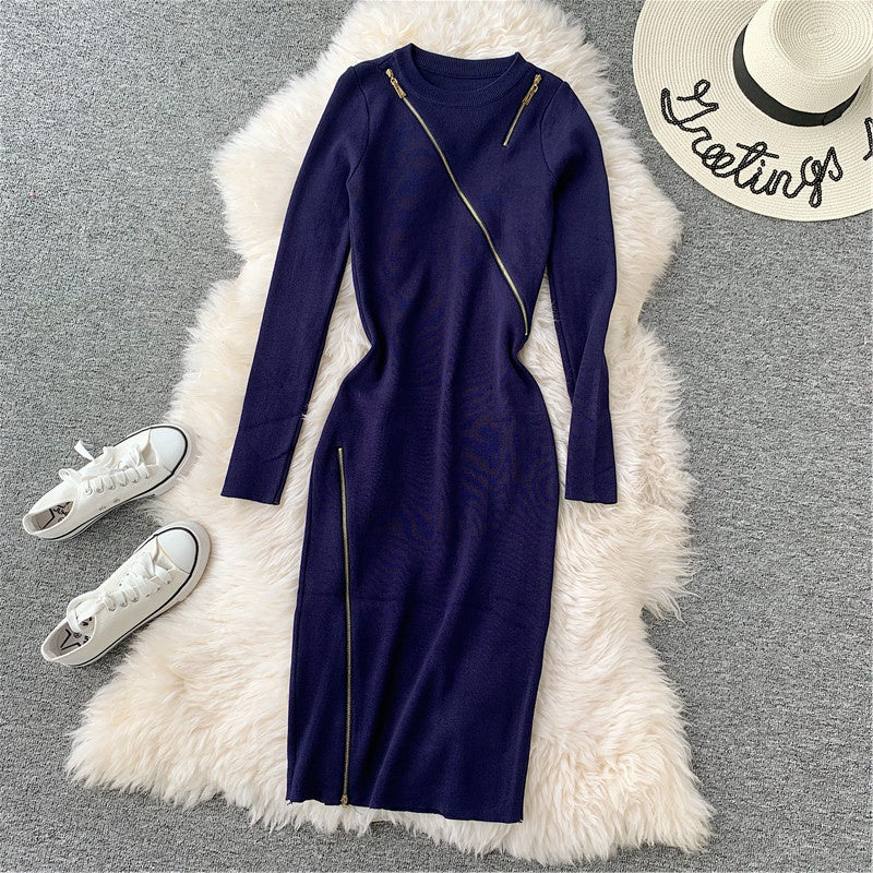 Round neck knitted dress with buttocks and bottomed wool skirt  3133