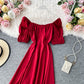 French retro square neck bubble Short Sleeve Dress  2877
