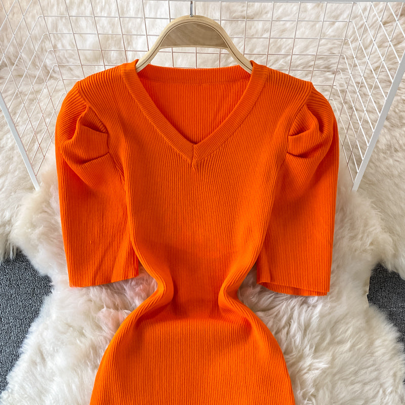 Temperament bubble sleeve slim V-neck wrap hip dress  2895