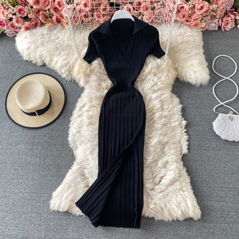 Vintage waist closing tight buttock knit dress  2716