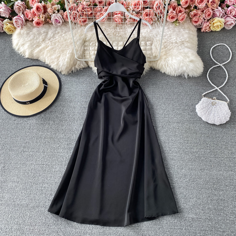 Open back strap waist V-neck suspender dress  3171