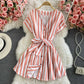 Celebrity temperament V-neck stripe lace up waist dress  2962