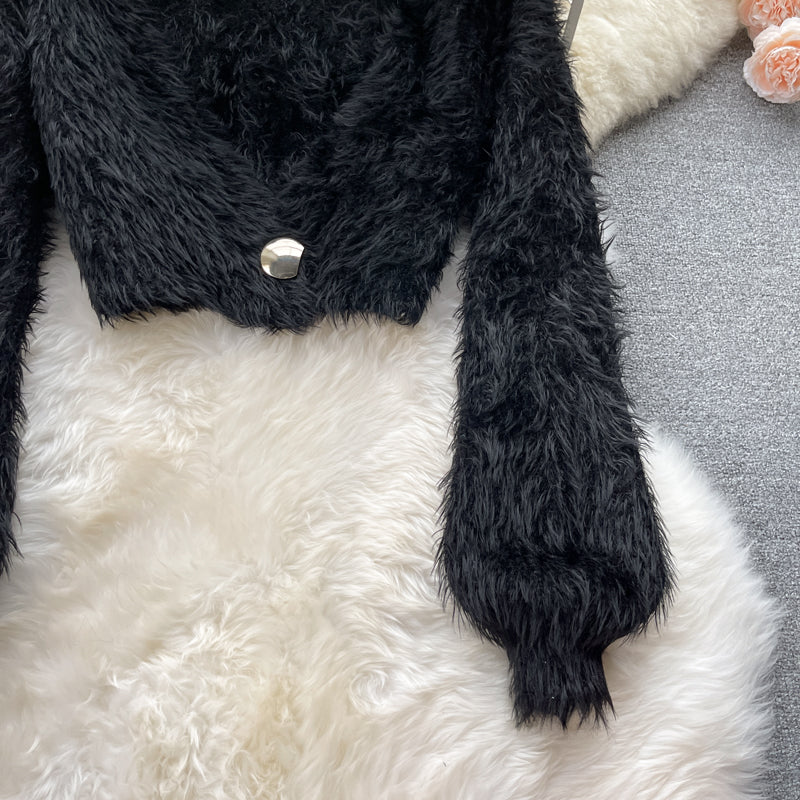Kurzer Mohair Cardigan Damen Plüsch Pullover Mantel 1598