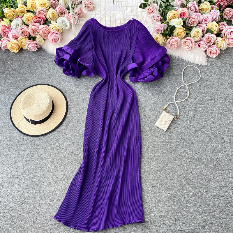 Ruffled large flared sleeve Pleated Dress  2758