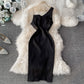 Sexy schulterfreies Kleid mit niedriger Brust und diagonalem Halsausschnitt und schmaler Hüfte 3054
