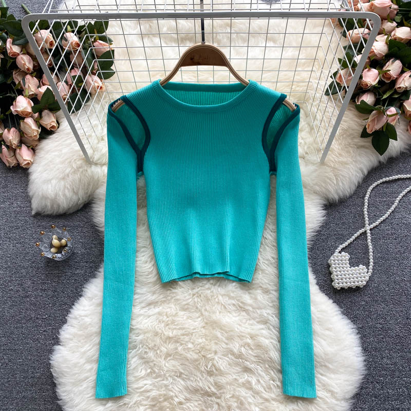 Strickbluse Damen Nischendesign ausgehöhlt farblich passend lange Ärmel 1588