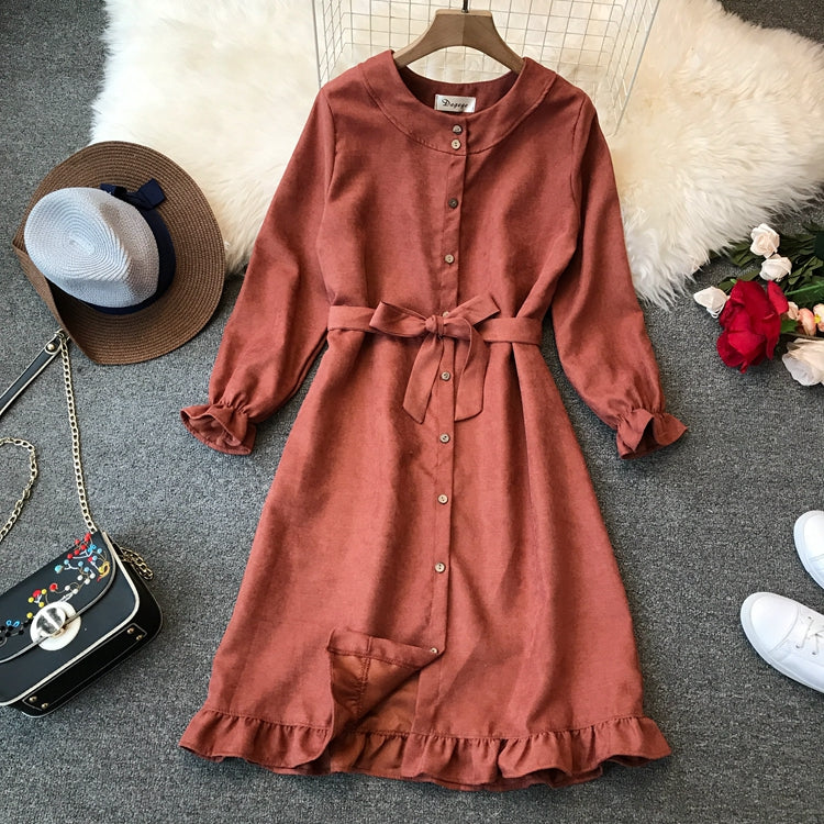 Rüschen-Schnürkleid mit Rundhalsausschnitt und hoher Taille 3398