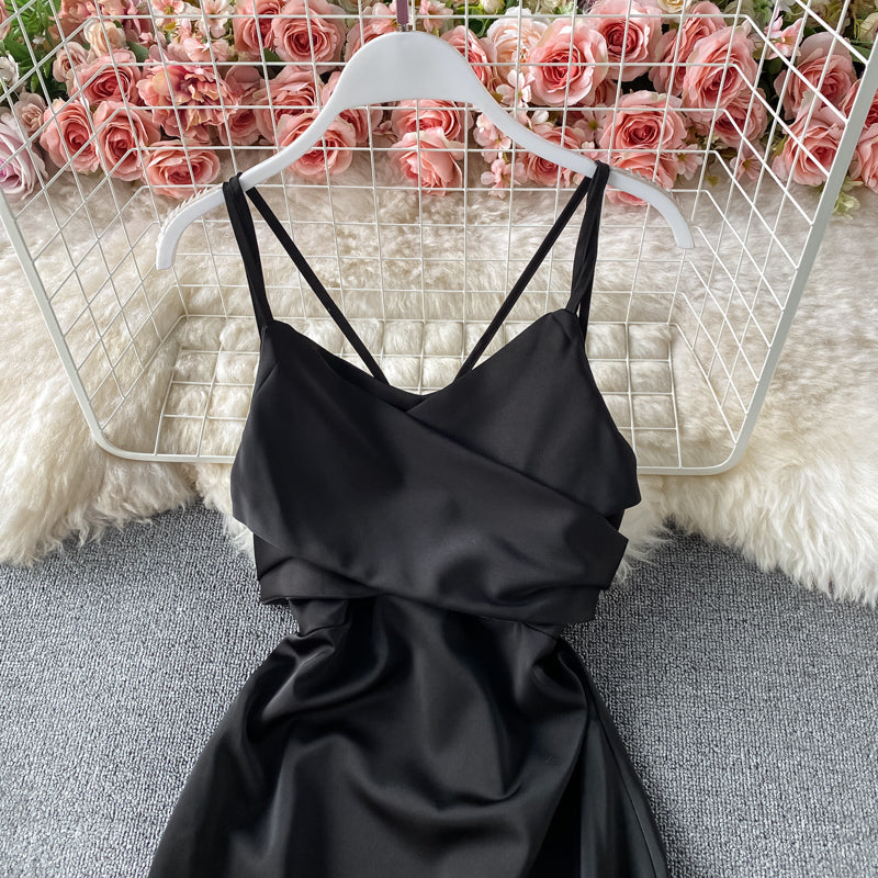 Open back strap waist V-neck suspender dress  3171