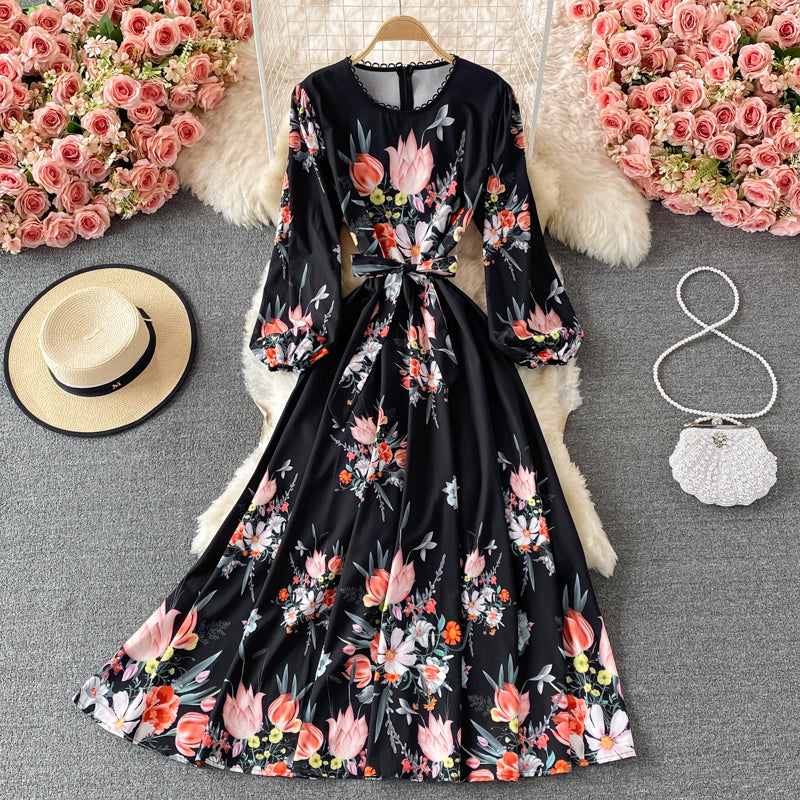 Court Style Vintage Lace Up waist slim print Crew Neck Dress  3211
