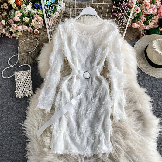 Round neck fluffy long sleeve Hip Wrap A-line skirt  2880