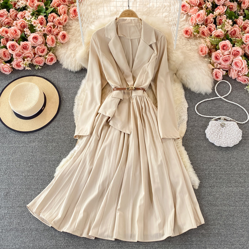 Design sense: small crowd, narrow waist, thin suit collar, Pleated Dress  3371