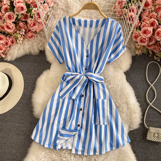 Celebrity temperament V-neck stripe lace up waist dress  2962