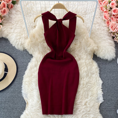 Hanging neck open back square neck knitted Hip Wrap Dress  2768