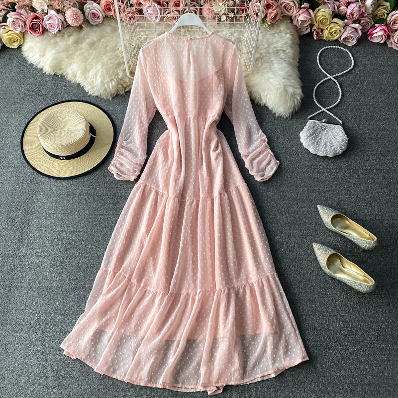 Narrow waist chiffon dress with long sleeves  3029