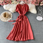 French Retro Red V-neck bubble sleeve dress  3184
