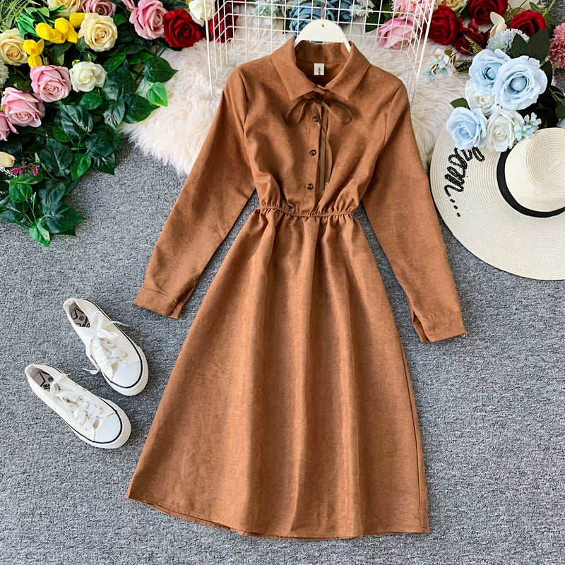 French retro super fairy waist skirt core velvet shirt dress  3401