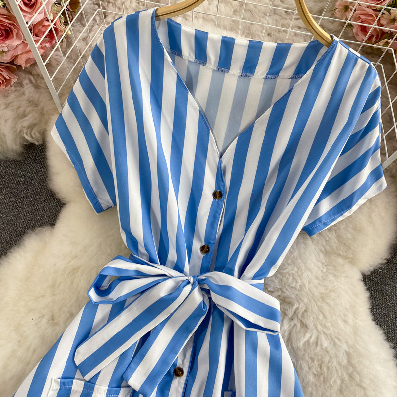 Celebrity temperament V-neck stripe lace up waist dress  2962