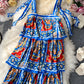 Blau-weißer Tortenrock mit Hosenträgern, bedrucktes Modekleid 2848