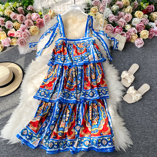 Suspender blue and white cake skirt printed fashion dress  2848