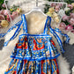 Blau-weißer Tortenrock mit Hosenträgern, bedrucktes Modekleid 2848