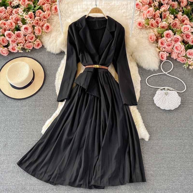 Design sense: small crowd, narrow waist, thin suit collar, Pleated Dress  3371