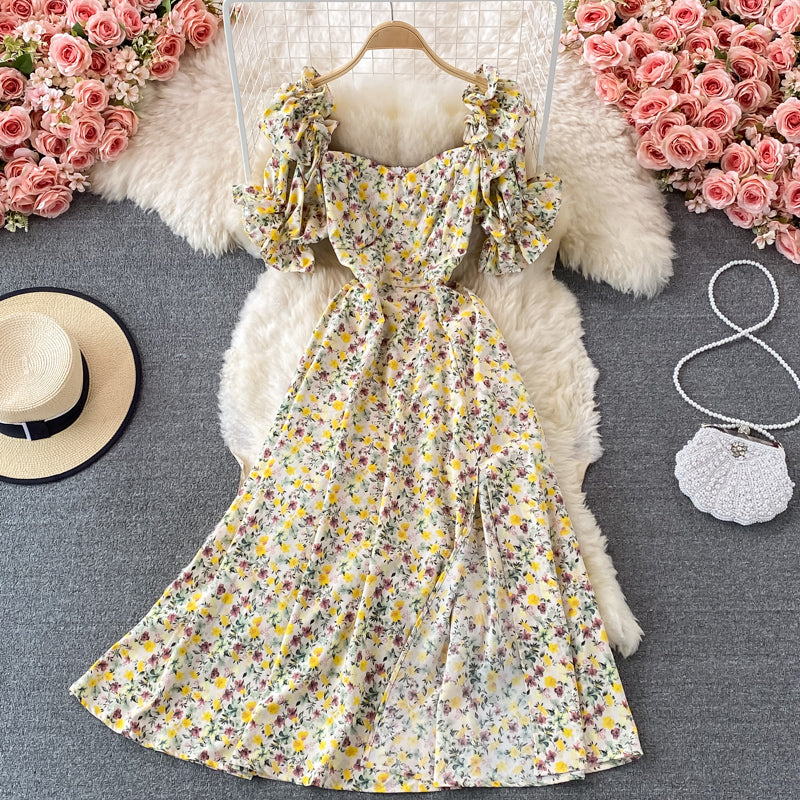Narrow waist, thin bubble sleeve, first love, gentle wind, long skirt  3344