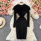 Age reducing sweet baby collar tight elastic knitted dress  2914