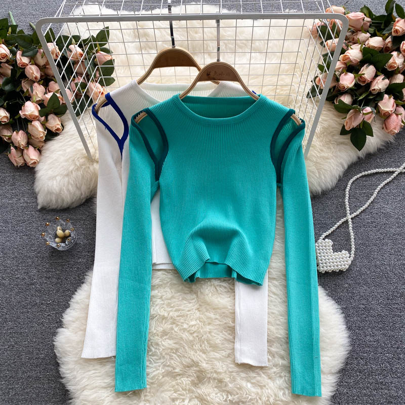 Strickbluse Damen Nischendesign ausgehöhlt farblich passend lange Ärmel 1588