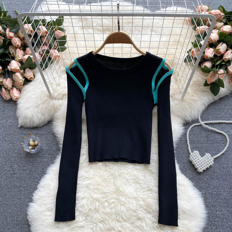 Strickbluse Damen Nischendesign ausgehöhlt farblich passend lange Ärmel 1588
