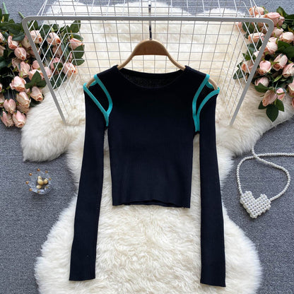 Strickbluse Damen Nischendesign ausgehöhlt farblich passend lange Ärmel 1588