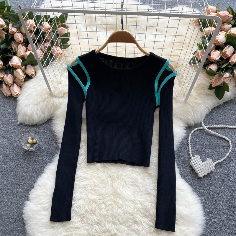 Strickbluse Damen Nischendesign ausgehöhlt farblich passend lange Ärmel 1588