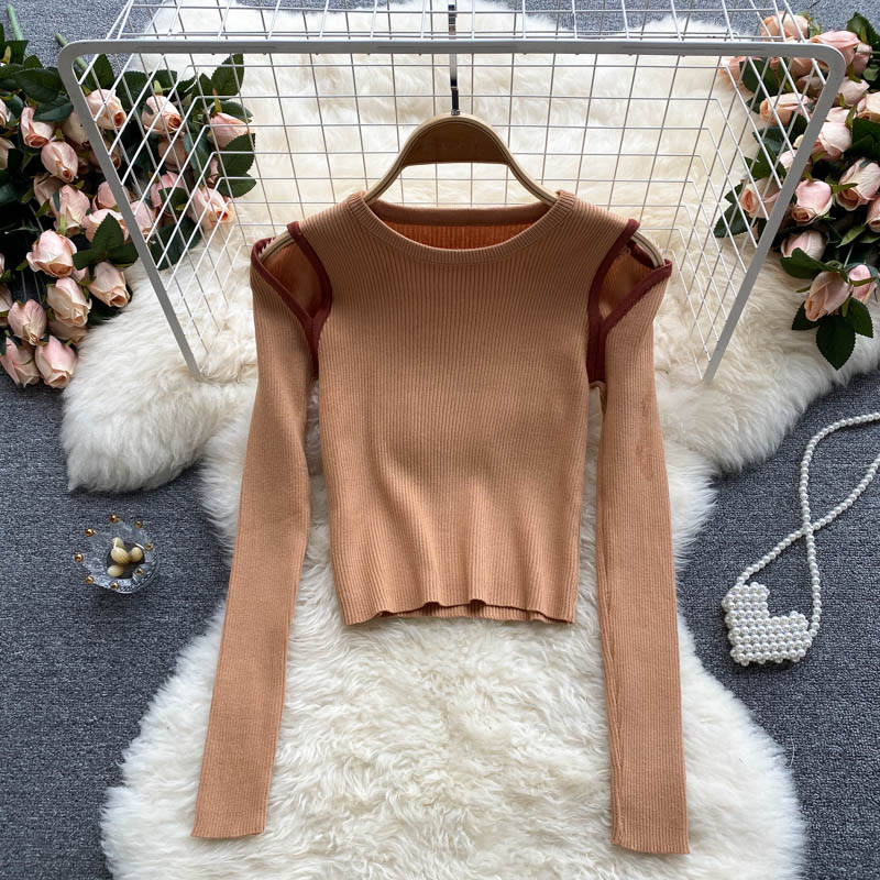 Strickbluse Damen Nischendesign ausgehöhlt farblich passend lange Ärmel 1588