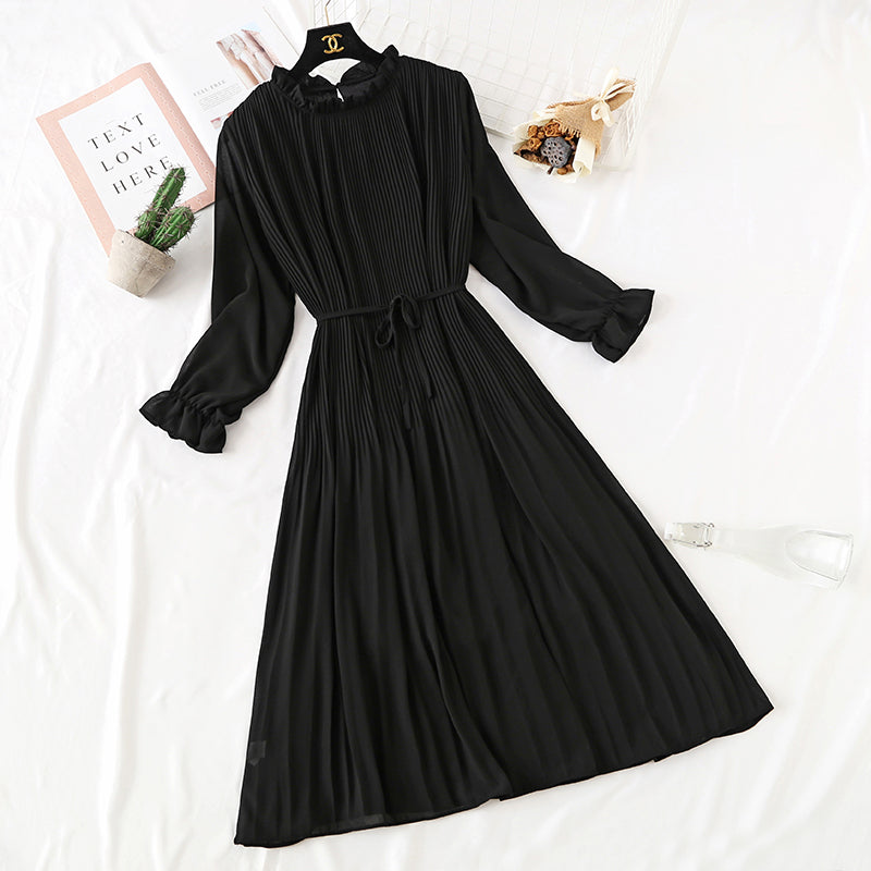 Wave point dress new autumn and winter dress French retro broken flower chiffon long skirt  2128